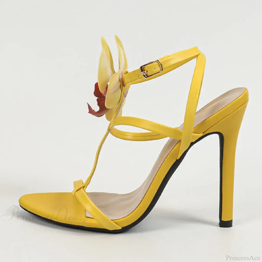 Summerfashion Flowers Ankle-Strap Gladiator Sandals Cozy Open-Toe Yellow High-Heels Party Dress