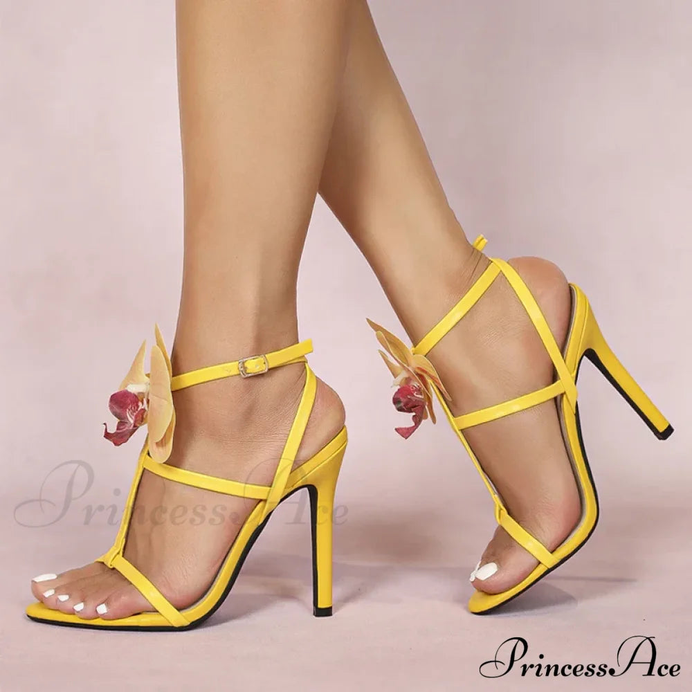 Summerfashion Flowers Ankle-Strap Gladiator Sandals Cozy Open-Toe Yellow High-Heels Party Dress