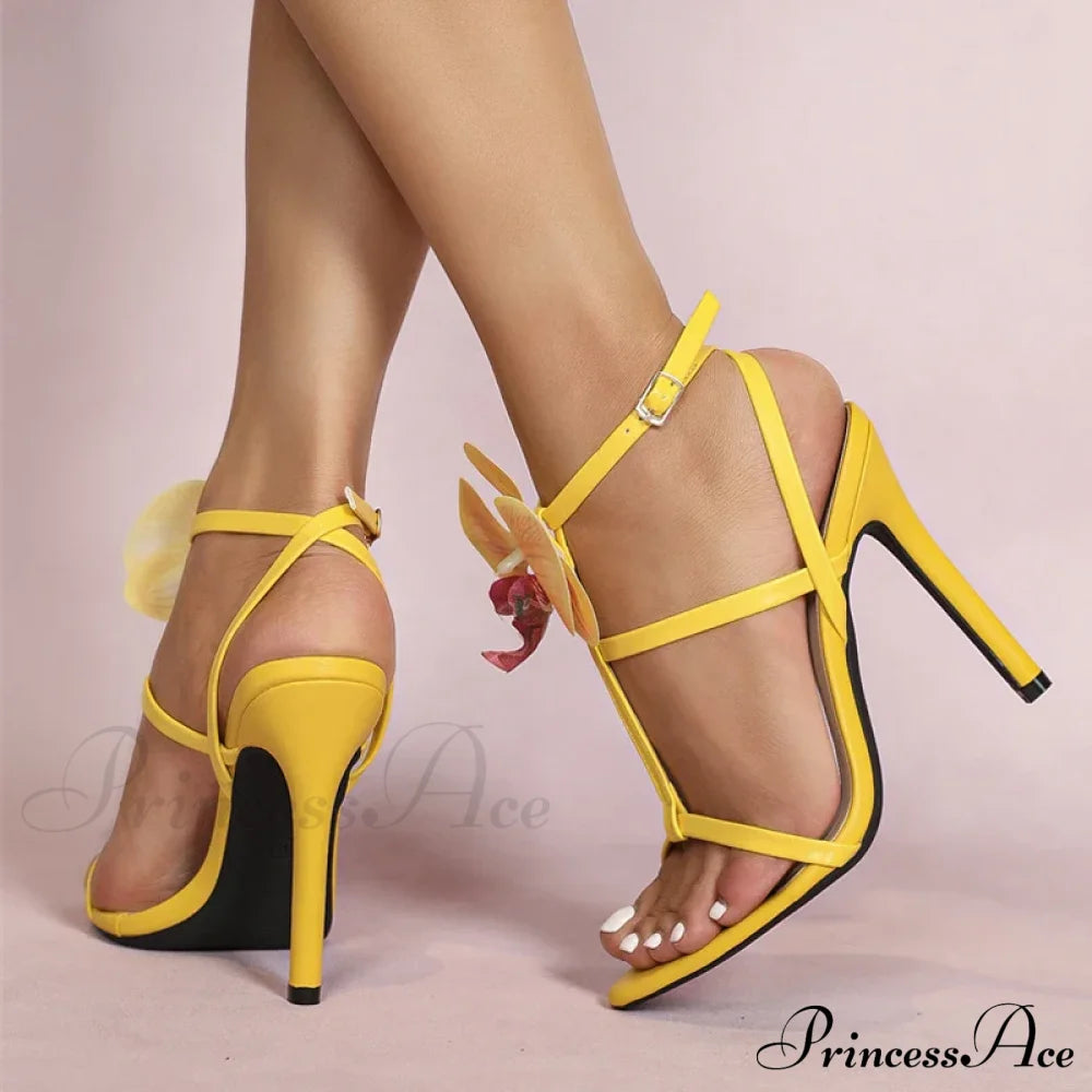 Summerfashion Flowers Ankle-Strap Gladiator Sandals Cozy Open-Toe Yellow High-Heels Party Dress