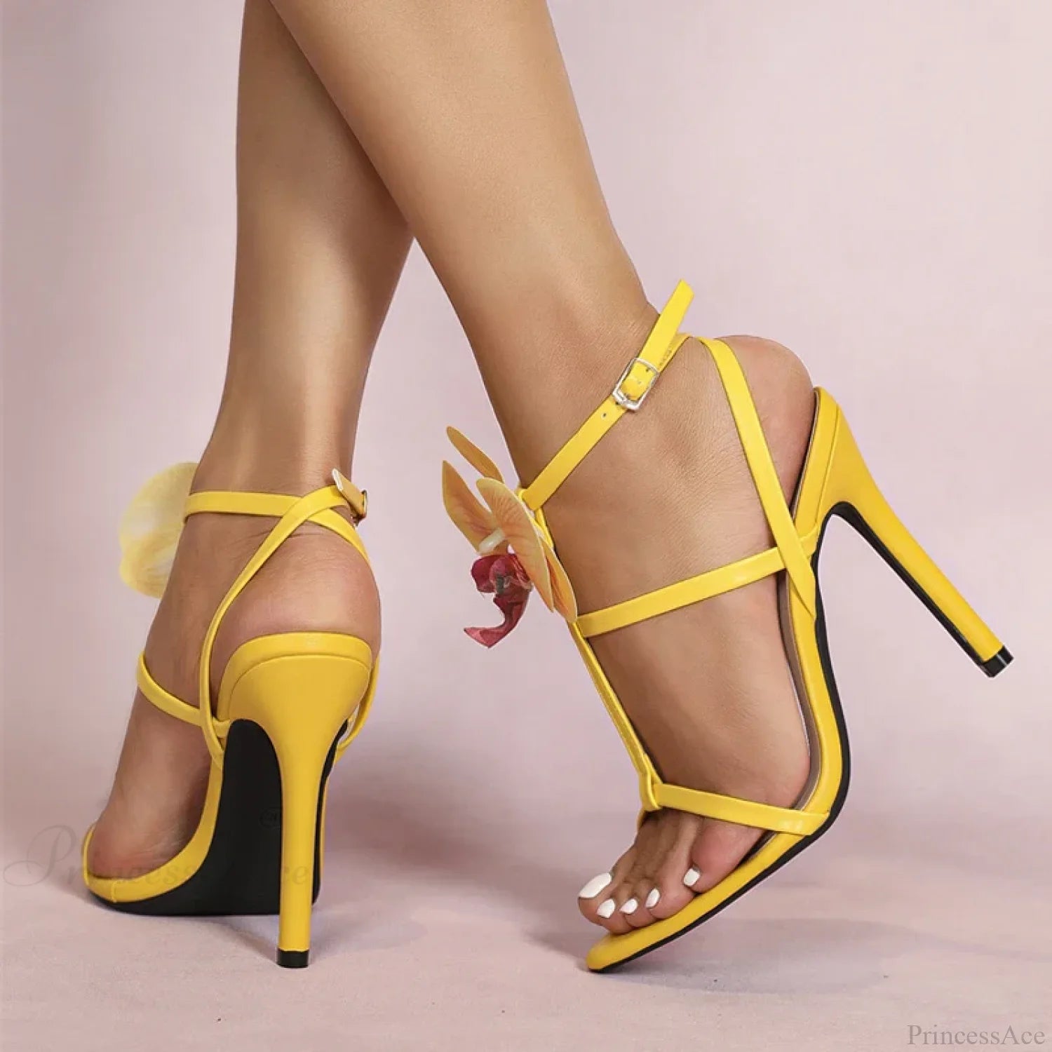 Summerfashion Flowers Ankle-Strap Gladiator Sandals Cozy Open-Toe Yellow High-Heels Party Dress