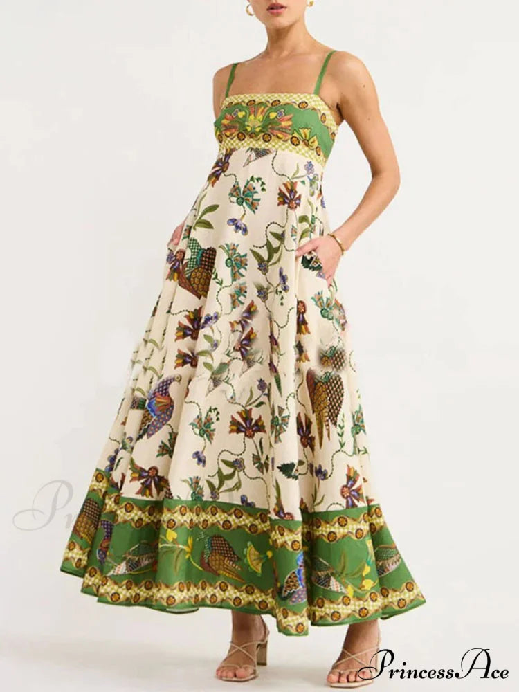 Sun Drenched Unique Print Graceful Smocked Back Pocketed Dress Dresses