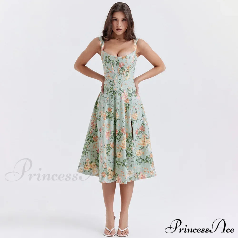 Suninheart Summer Lace Up Print Elegant Casual Party Holiday Floral Dress