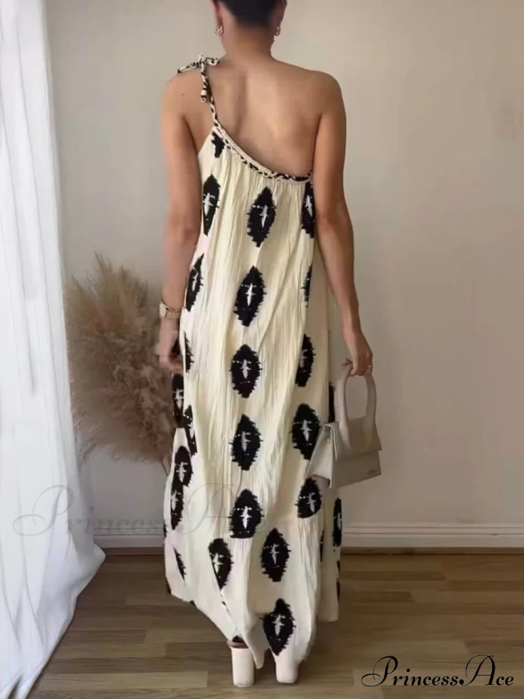 Sunshine Ethnic Print One Graceful Shoulder Loose Maxi Dress Dresses