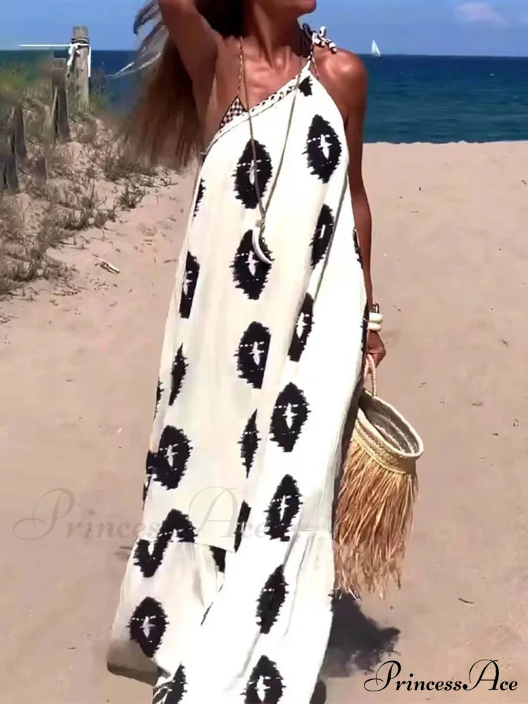 Sunshine Ethnic Print One Graceful Shoulder Loose Maxi Dress Dresses
