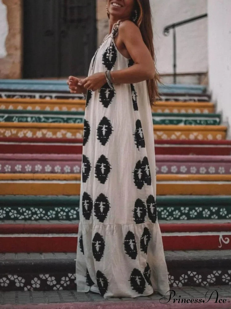 Sunshine Ethnic Print One Graceful Shoulder Loose Maxi Dress Dresses