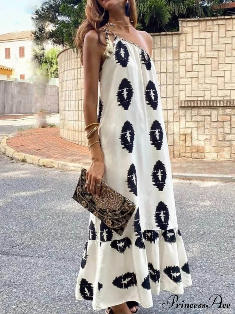 Sunshine Ethnic Print One Graceful Shoulder Loose Maxi Dress Dresses