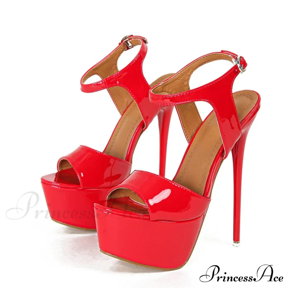 Super-High Patent-Leather Fetish Transparent Stripper Open-Toe Platform Sexy High Heel Red / 34