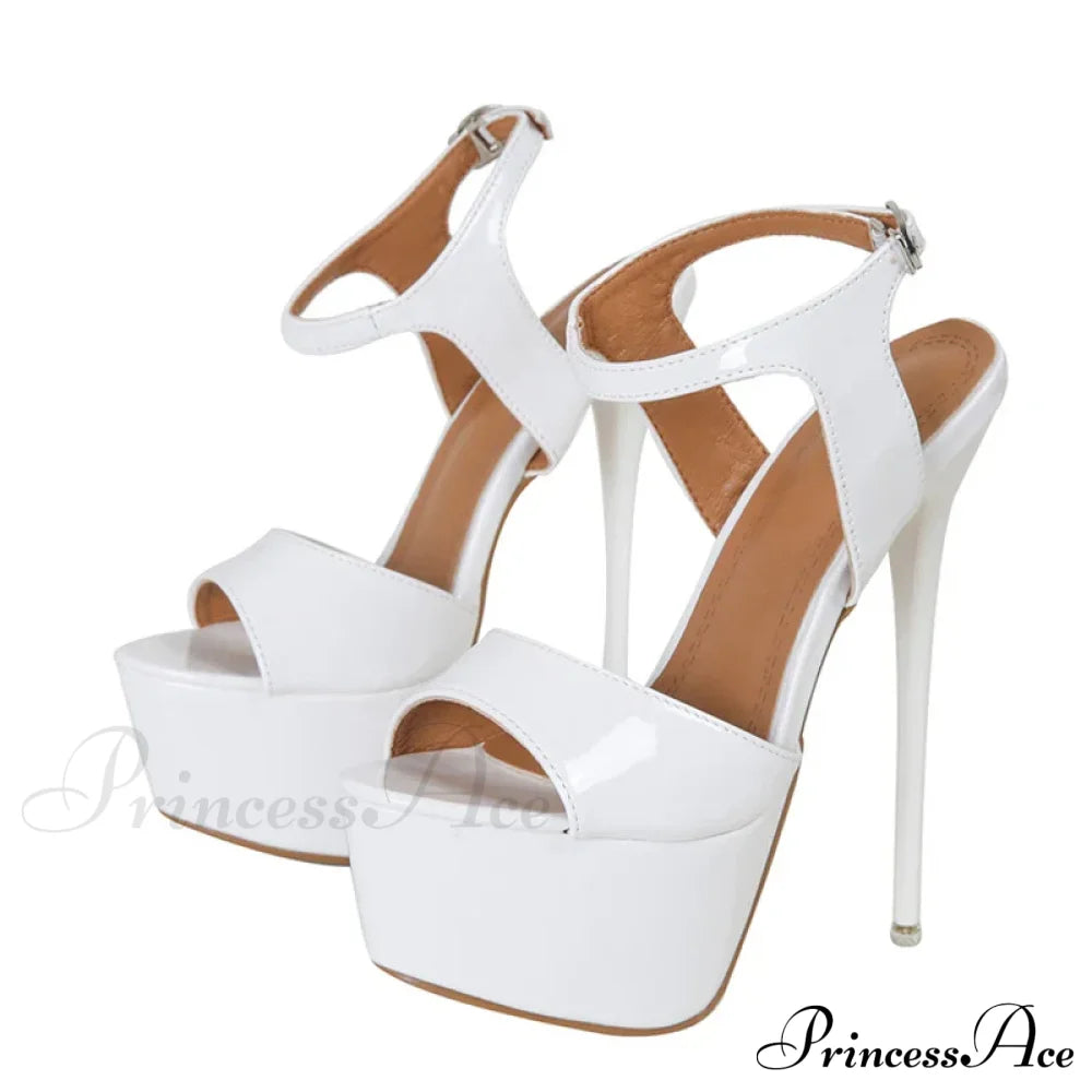 Super-High Patent-Leather Fetish Transparent Stripper Open-Toe Platform Sexy High Heel White / 34