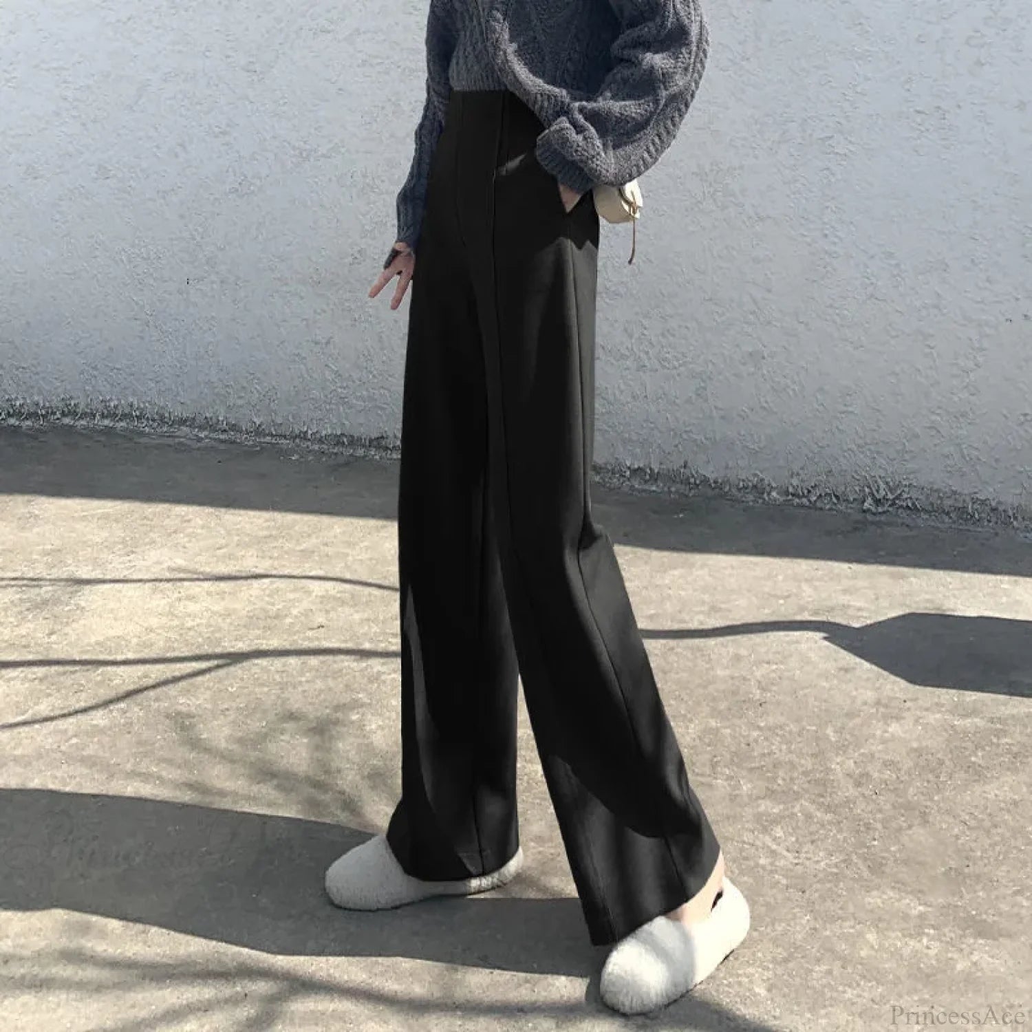 Super High Waist Wool Blend Warm Loose Cashmere Thick Woolen Pants Black / S 40-50Kg