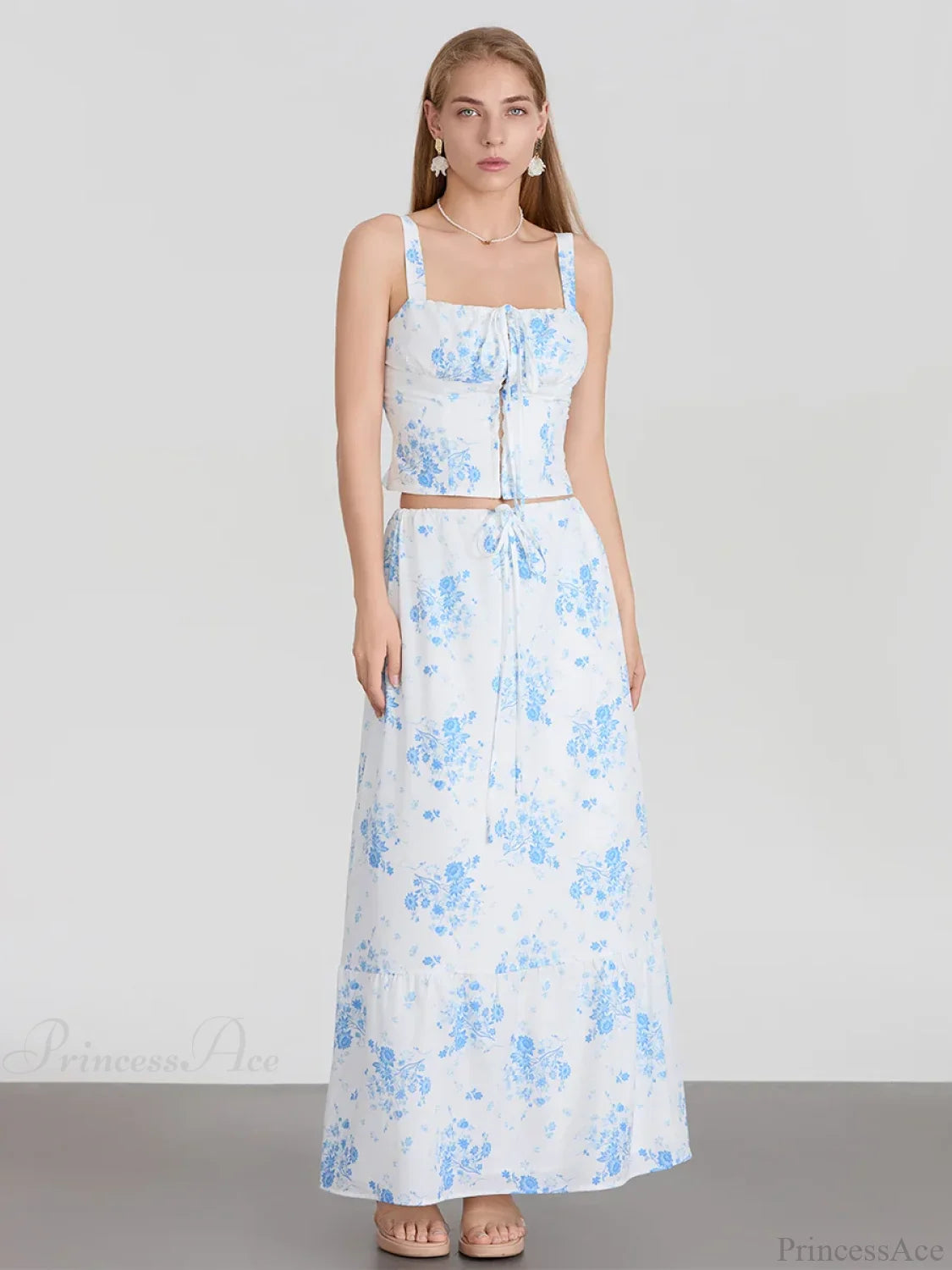 Suspender Crop Tank Top Drawstring A-line Skirt Floral Dress floraldress-250126