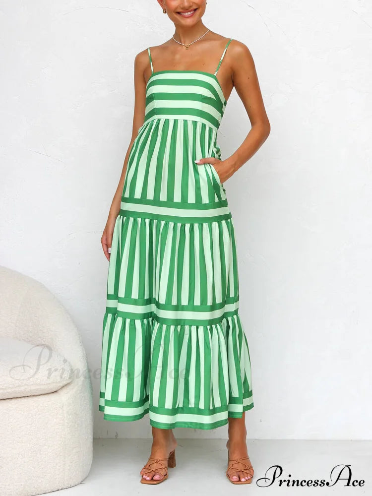 Suspender Open Back Striped Graceful Positioning Print Pocket Midi Dress Dresses