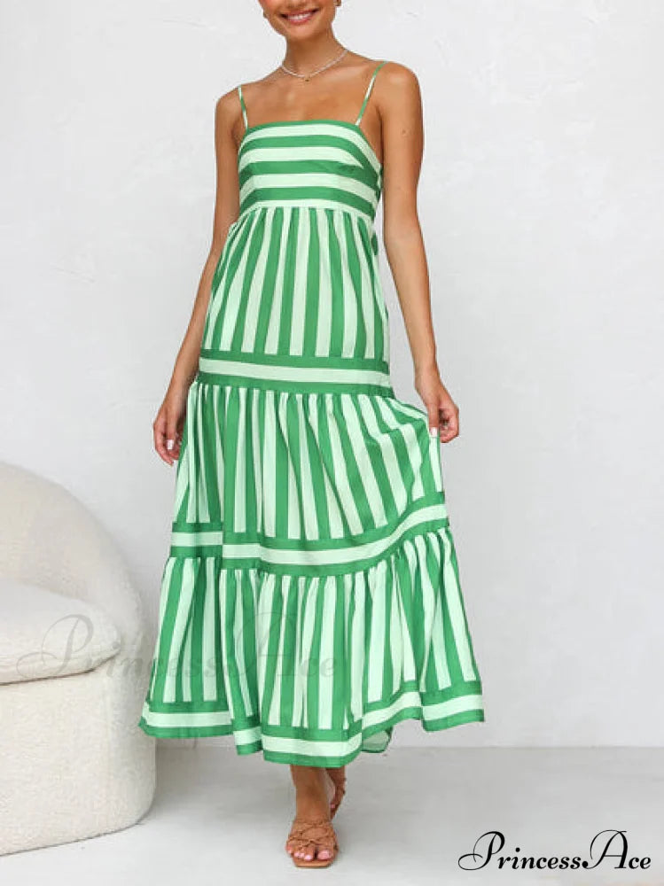 Suspender Open Back Striped Graceful Positioning Print Pocket Midi Dress Green / S Dresses