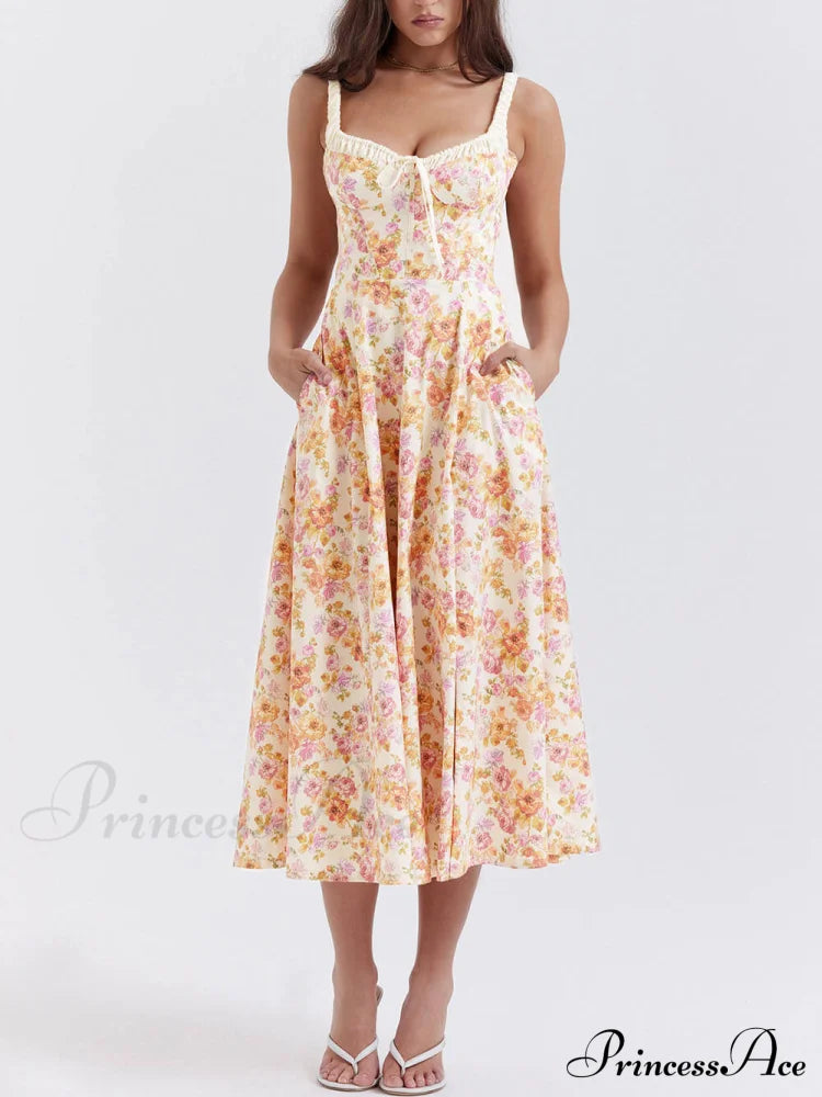 Suspender Patchwork Printed Charming Lace-Up Midi Dress Dresses