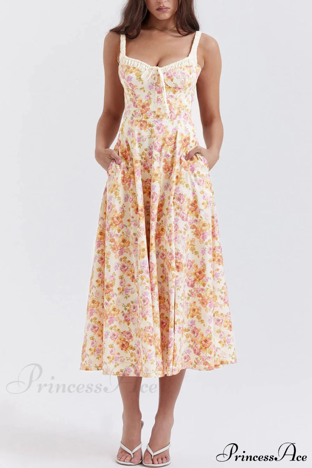 Suspender Patchwork Printed Charming Lace-Up Midi Dress Dresses