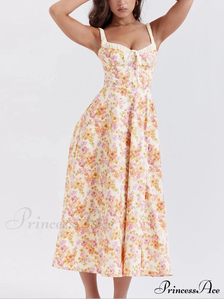 Suspender Patchwork Printed Charming Lace-Up Midi Dress Dresses