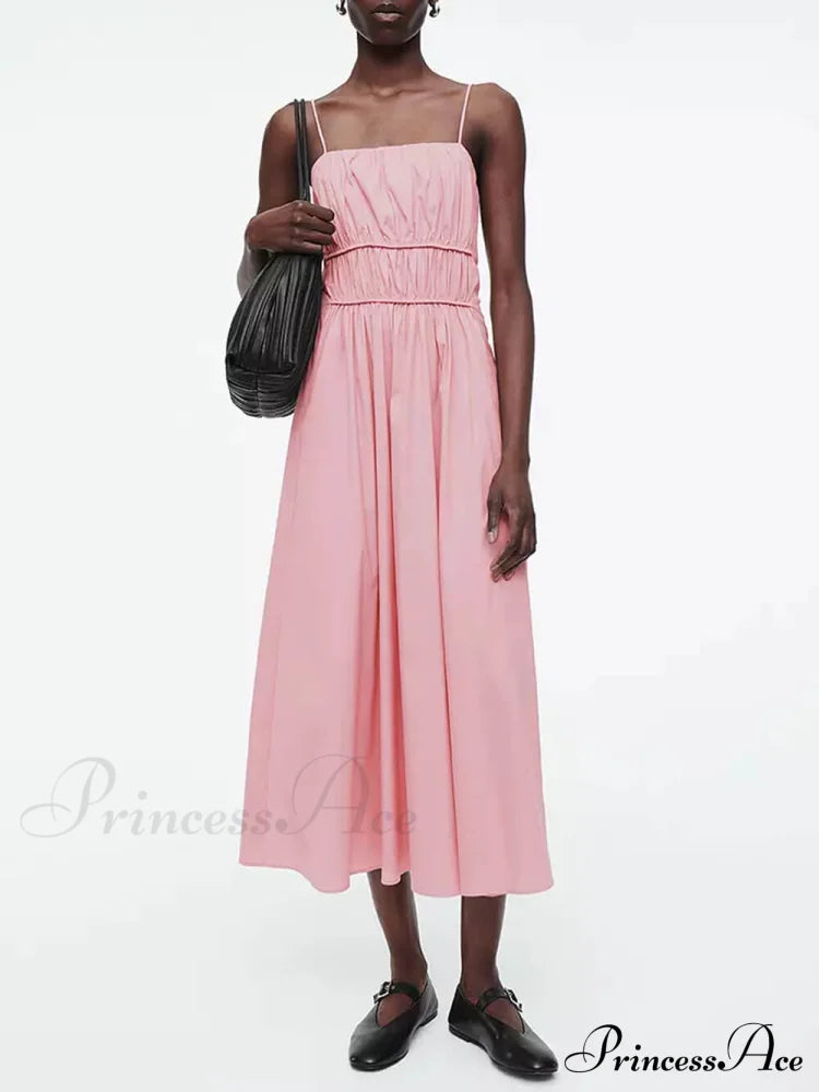 Suspender Pleated Stylish Waist Midi Dress Pink / S Dresses