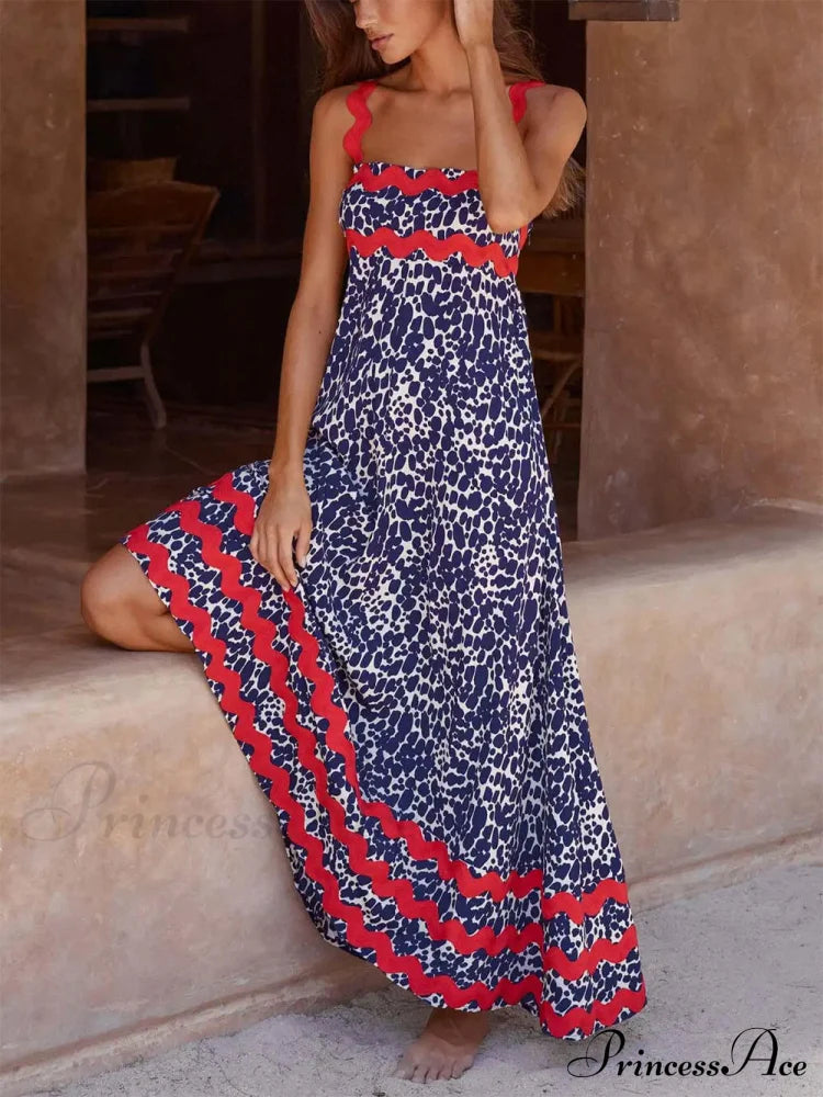 Suspender Print Stylish Maxi Dress Dark Blue / S Dresses