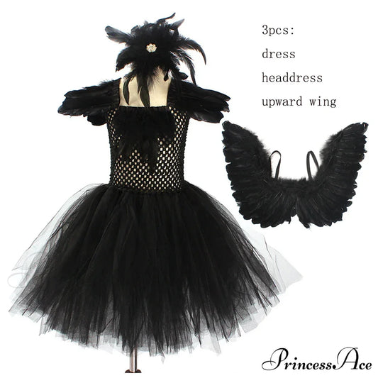 Swan Lake Ballerina Gothic Witch Dress Kid Costumes Black Swan 3Pcs A / M (4-5Y) Halloween