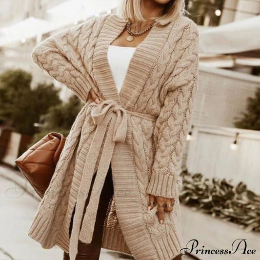 Sweater Cardigan Women Long Sleeve Lace-Up Loose Knitted Outwear Khaki / One Size