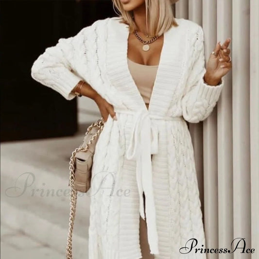 Sweater Cardigan Women Long Sleeve Lace-Up Loose Knitted Outwear White / One Size