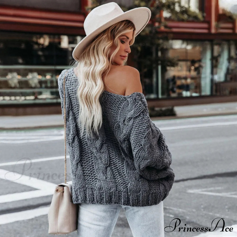 Women's loose knitted sweaters European and American round neck fashionable pullover sweaters Grey clothes sweater sweaters top Tops