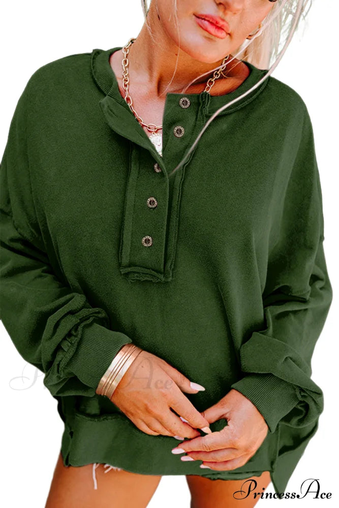 Sweatshirt Blackish Drop - Shoulder Henley Buttons Green Tops