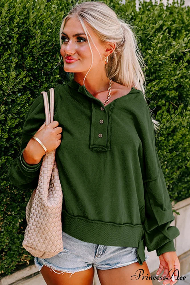 Sweatshirt Blackish Drop - Shoulder Henley Buttons Green Tops