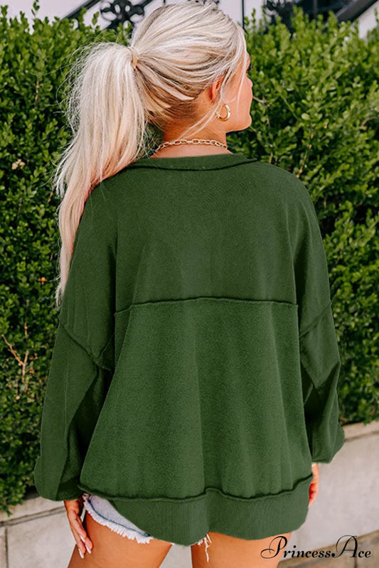 Sweatshirt Blackish Drop - Shoulder Henley Buttons Green Tops