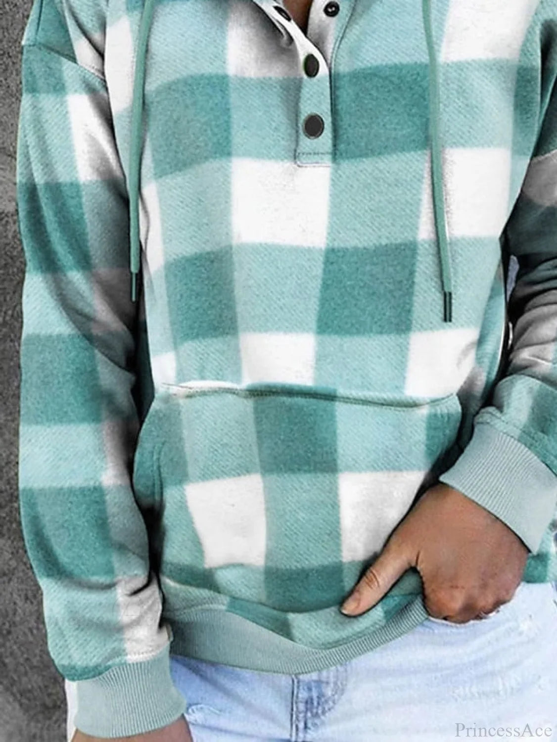 Sweatshirt Hoodie And Women’s Front Button Drawstring Plaid With Pocket