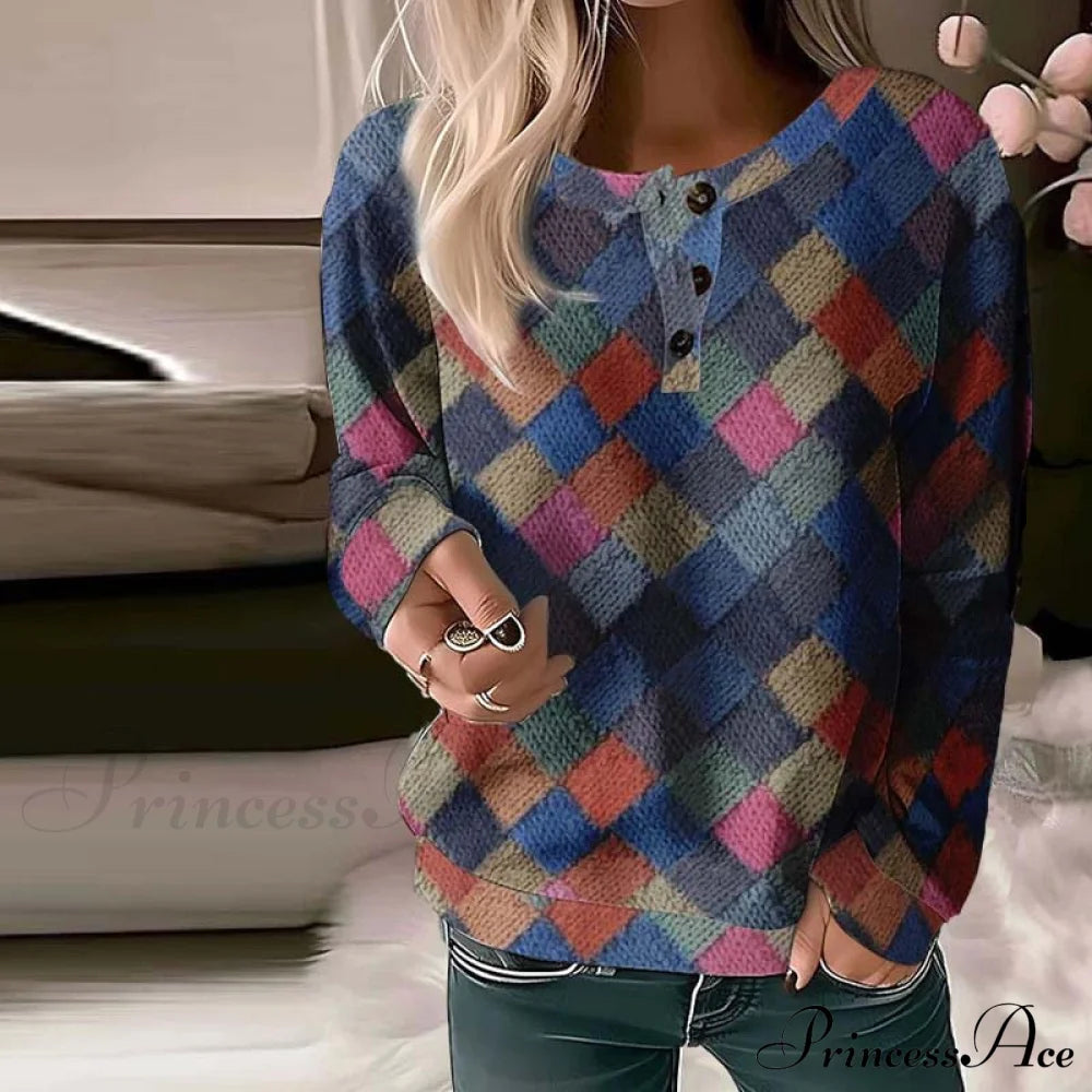 Vintage Colourful Plaid Sweatshirt Multicolor 16.99 best Best Sellings clothes Plus Size Sale tops Topseller