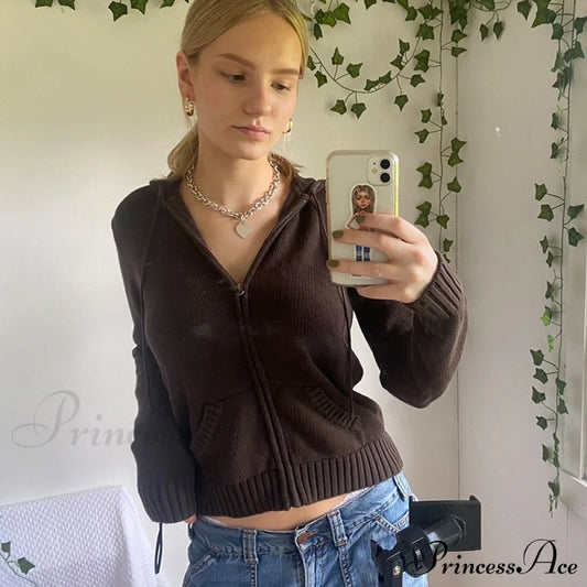 Sweatshirts Hoodies Zip-Up Women鈥檚 Long Cardigan Solid Knit Y2K Color Drawstring Casual