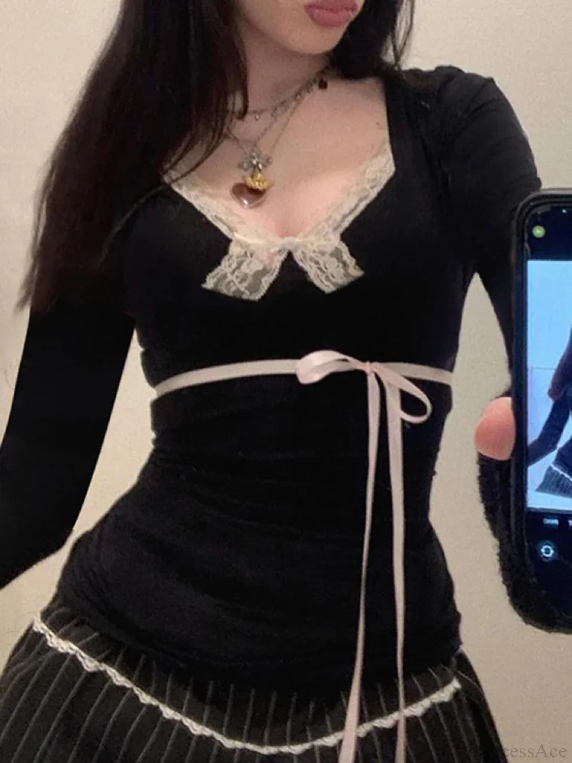 Sweet Bandage Slim Deep V-Neck Lace Trim Knit Top Black / S knittop-250126