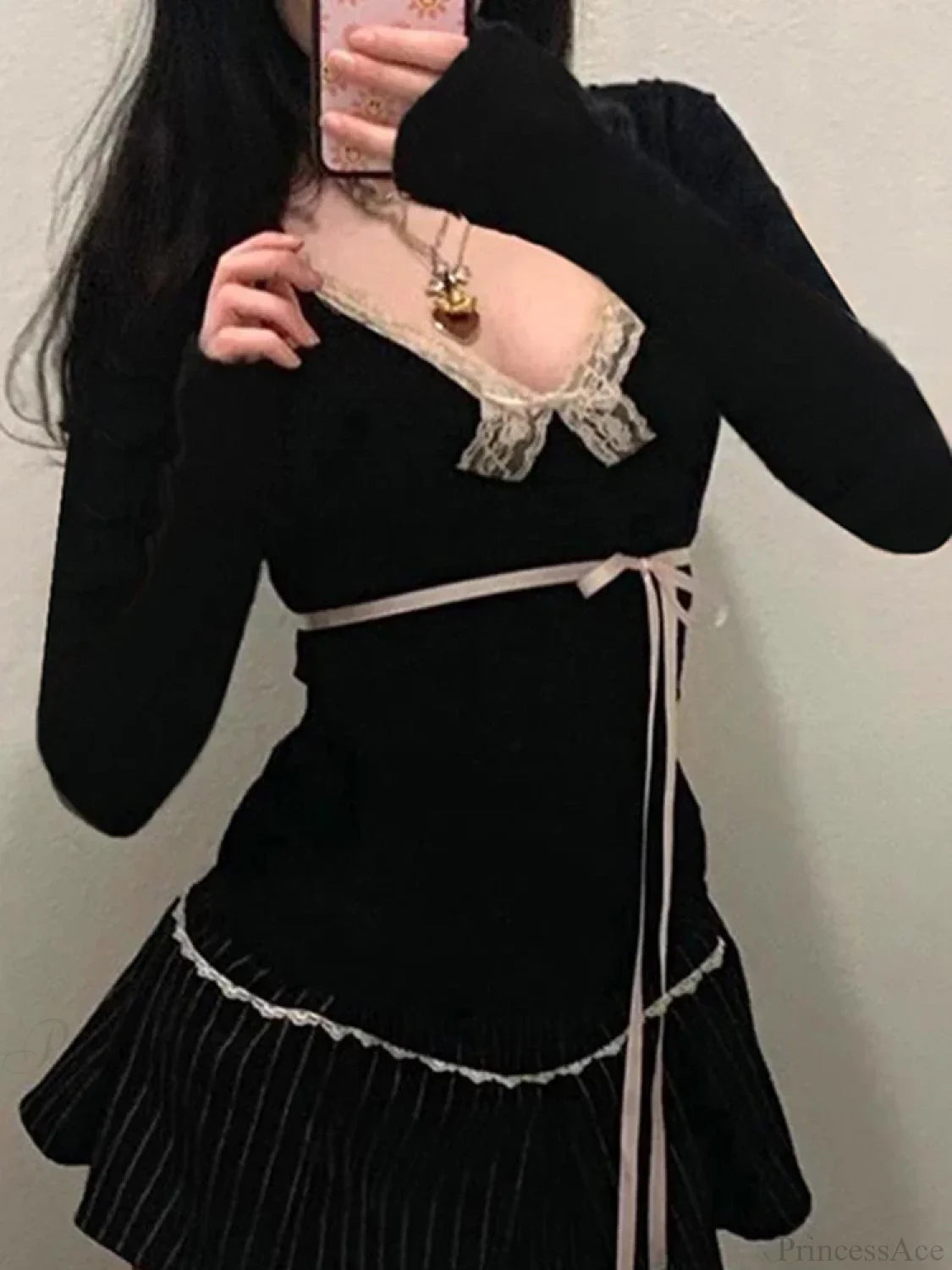 Sweet Bandage Slim Deep V-Neck Lace Trim Knit Top knittop-250126