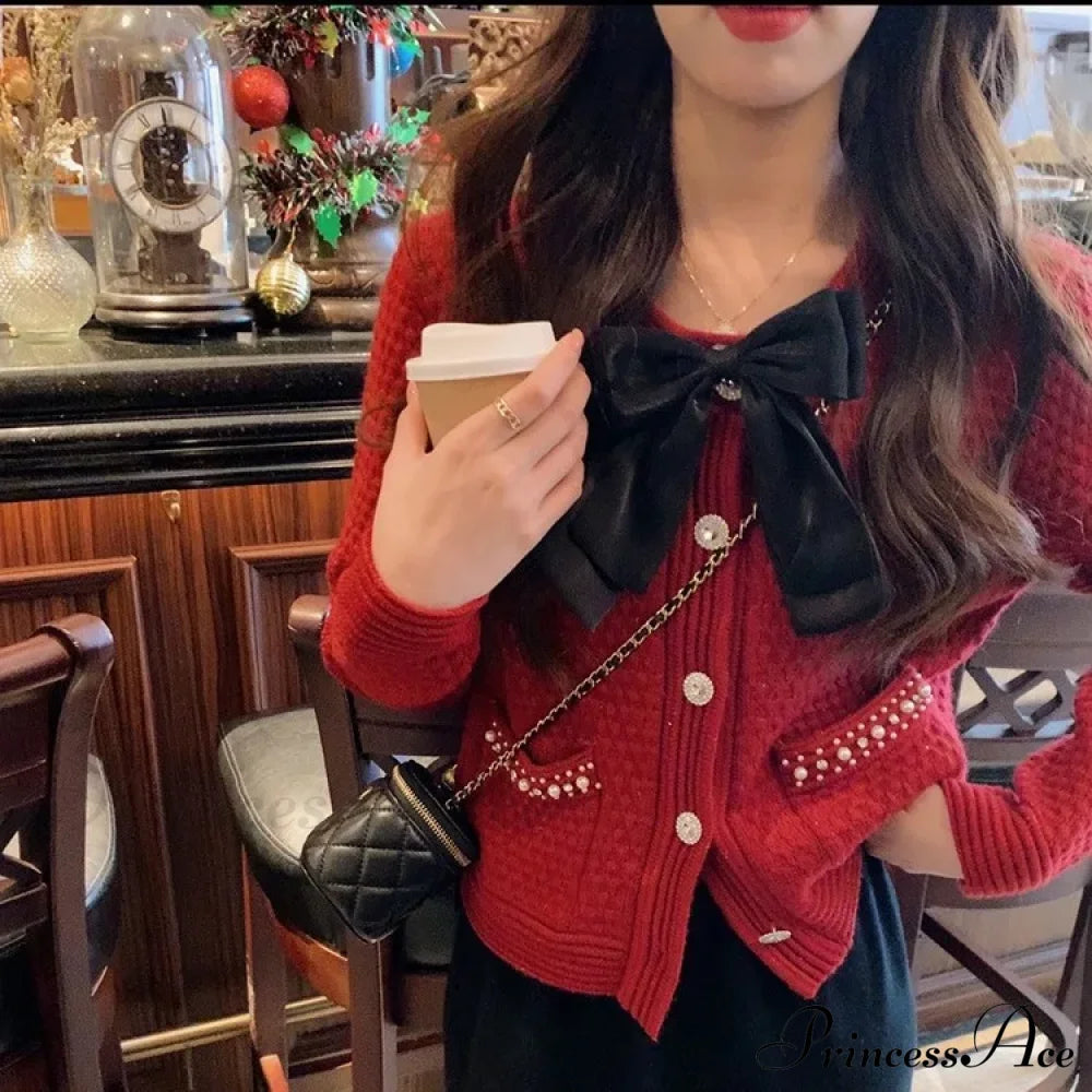 Sweet Bow Beaded Red Cropped Cardigan / One Size Cardigan-241208