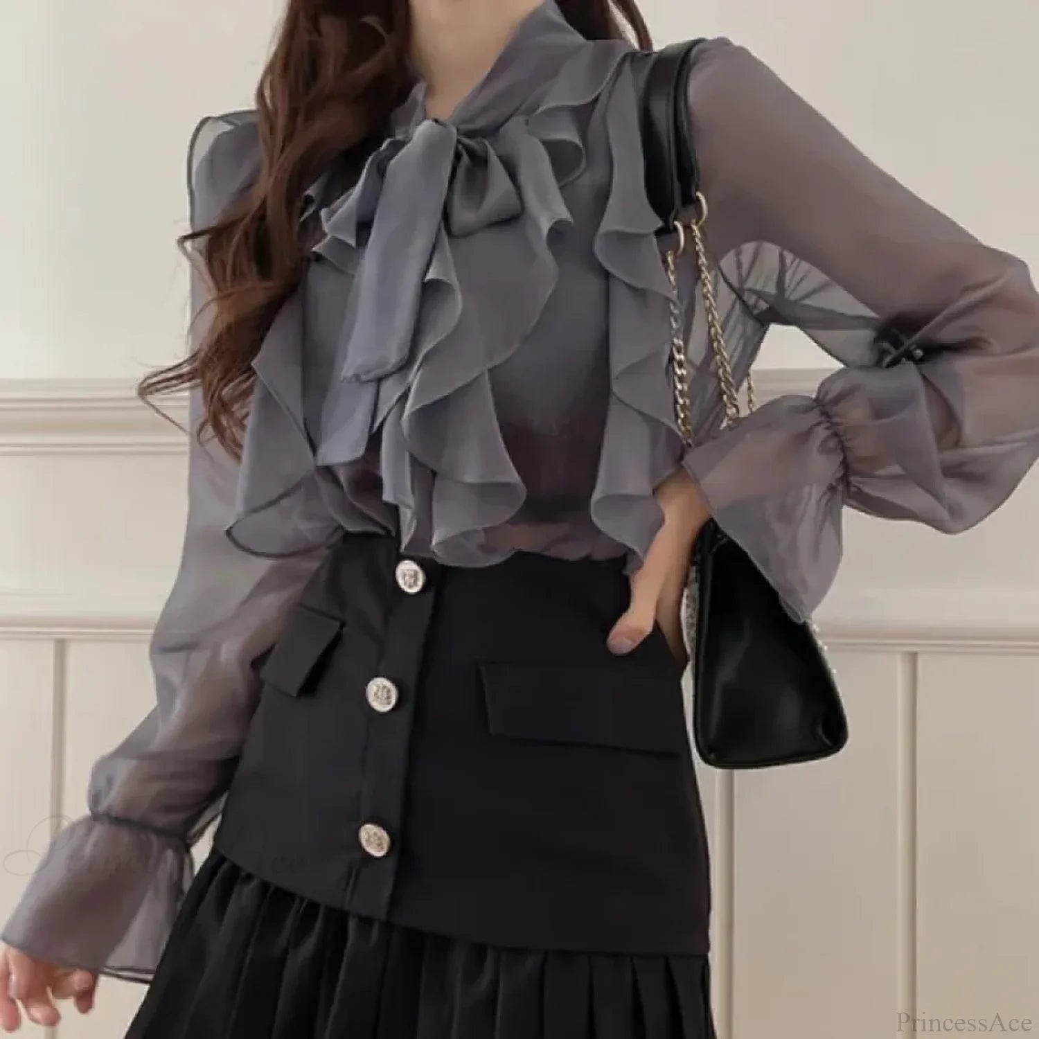 Sweet Bow Chiffon Casual Long Sleeve Blouse blouse-250126