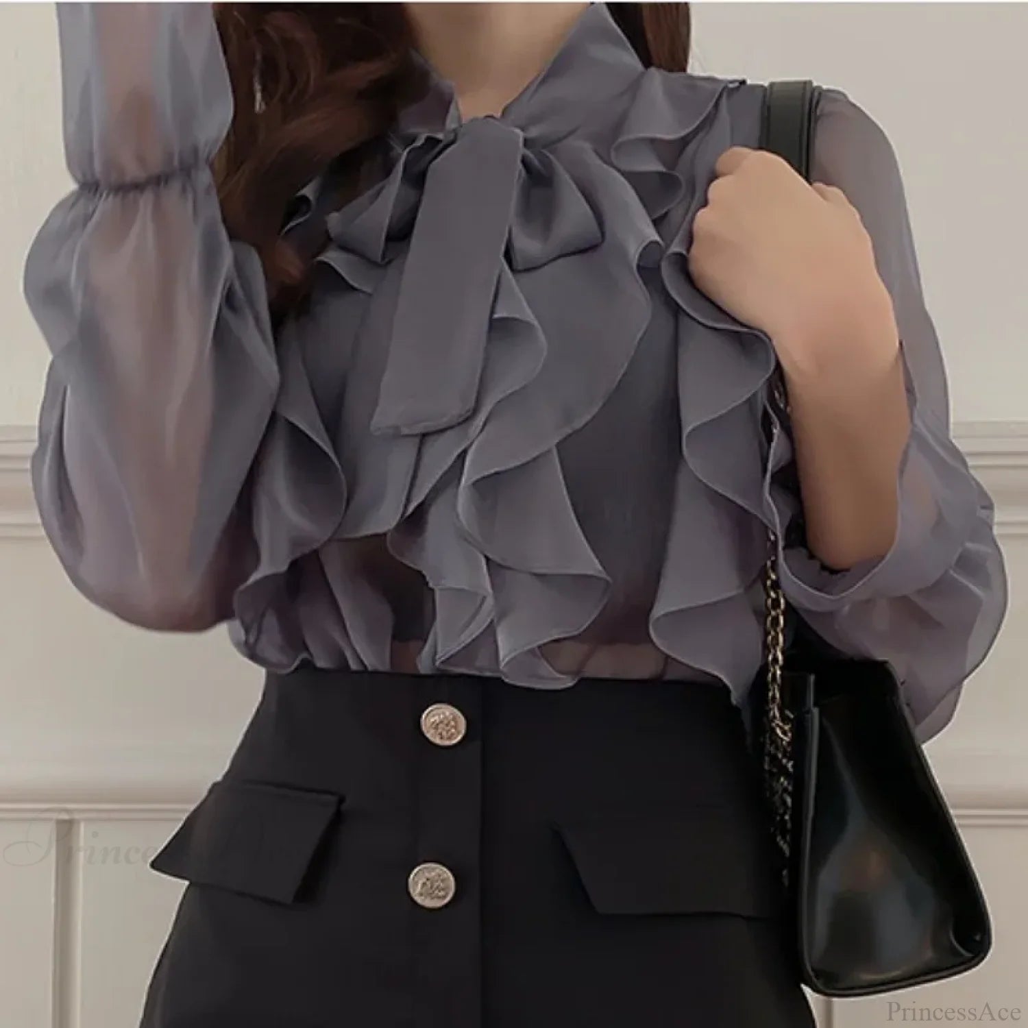 Sweet Bow Chiffon Casual Long Sleeve Blouse GRAY / S blouse-250126