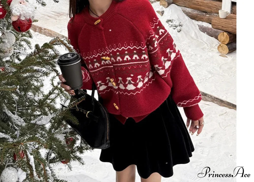 Sweet Christmas Horn Button Cardigan Cardigan-241208