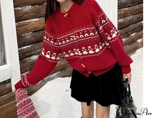 Sweet Christmas Horn Button Cardigan Red Cardigan / One Size Cardigan-241208