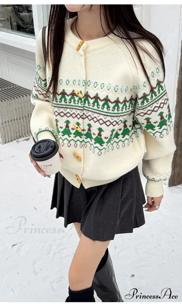 Sweet Christmas Horn Button Cardigan White Cardigan / One Size Cardigan-241208