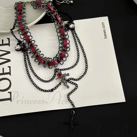 Sweet Cool Cross Red Leather Gothic Retro Tassel Layered Necklace Red Halloween