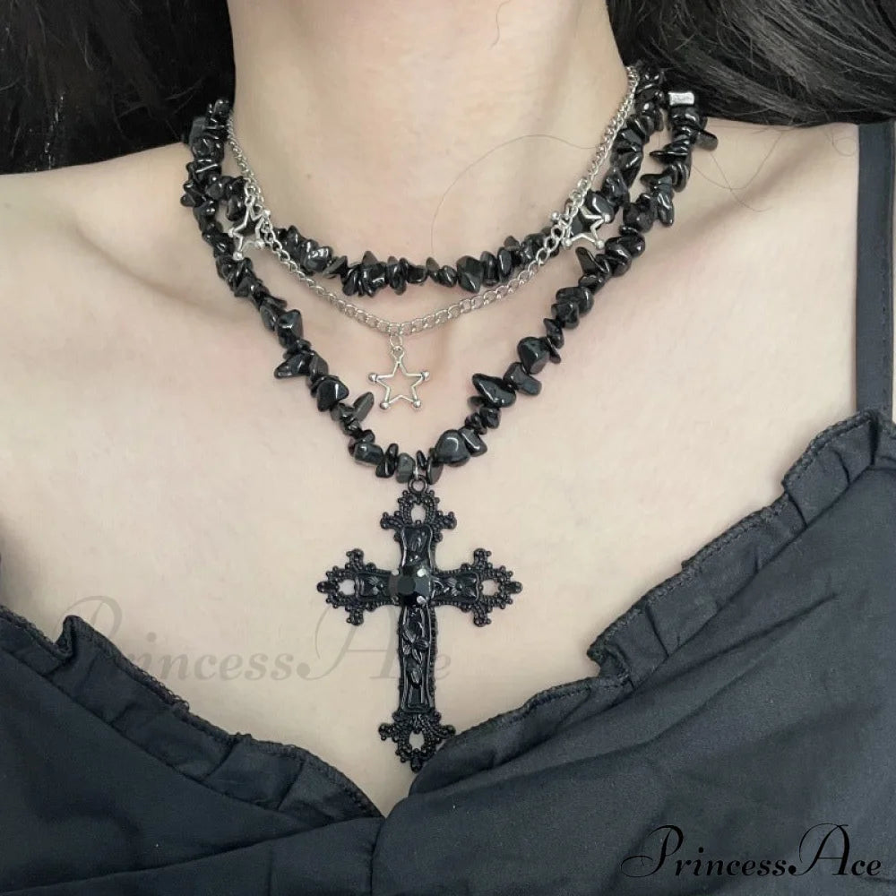 Sweet Cool Diamond Cross Star Double Layer Hip-Hop Fashion Necklace Black Halloween