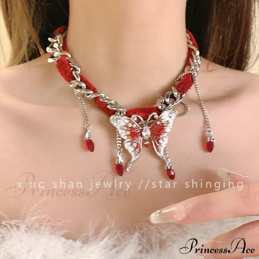 Sweet Cool Red Velvet Butterfly Tassel Gothic Exaggerated Personality Necklace Halloween