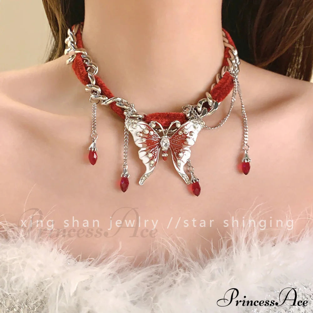 Sweet Cool Red Velvet Butterfly Tassel Gothic Exaggerated Personality Necklace Halloween