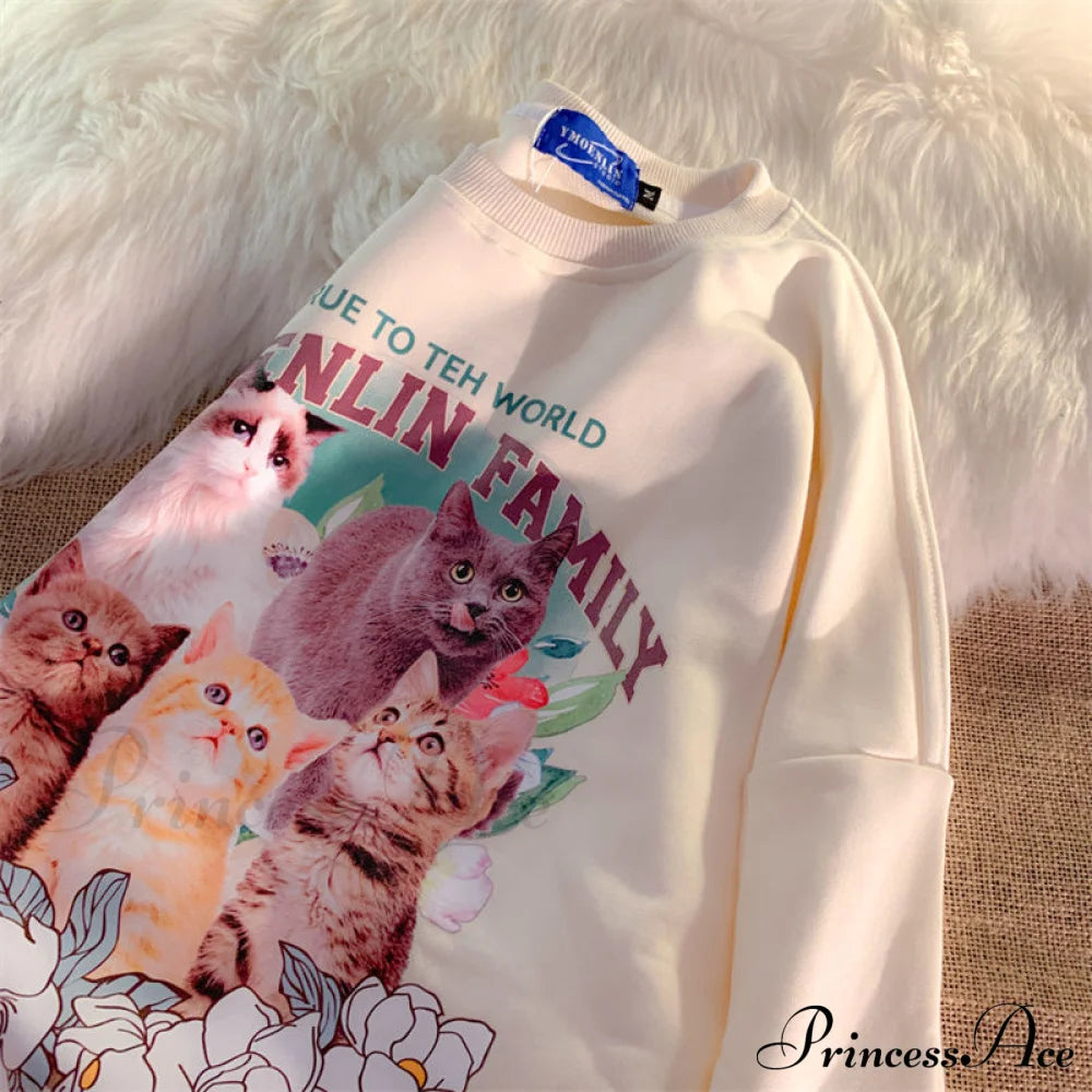 Sweet Cute Cat Print Crewneck Hoody Pullover