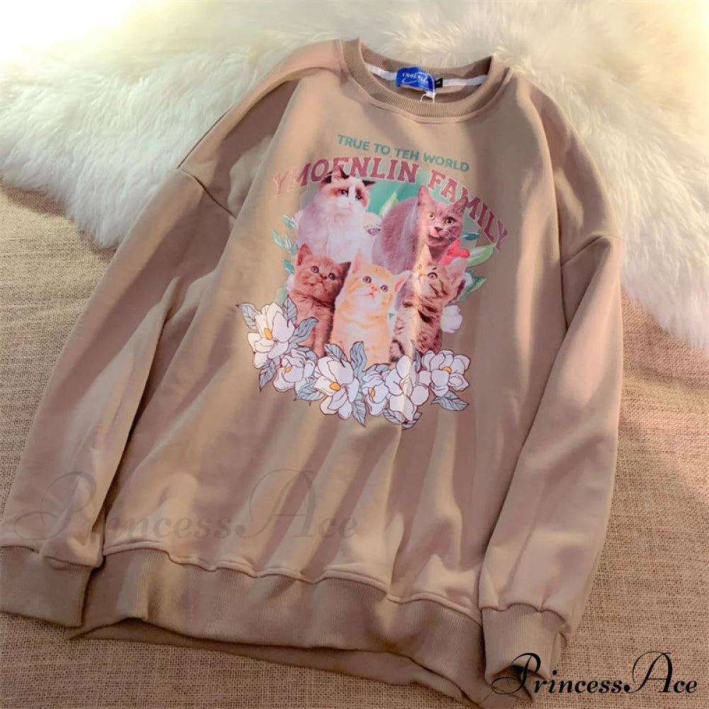 Sweet Cute Cat Print Crewneck Hoody Pullover