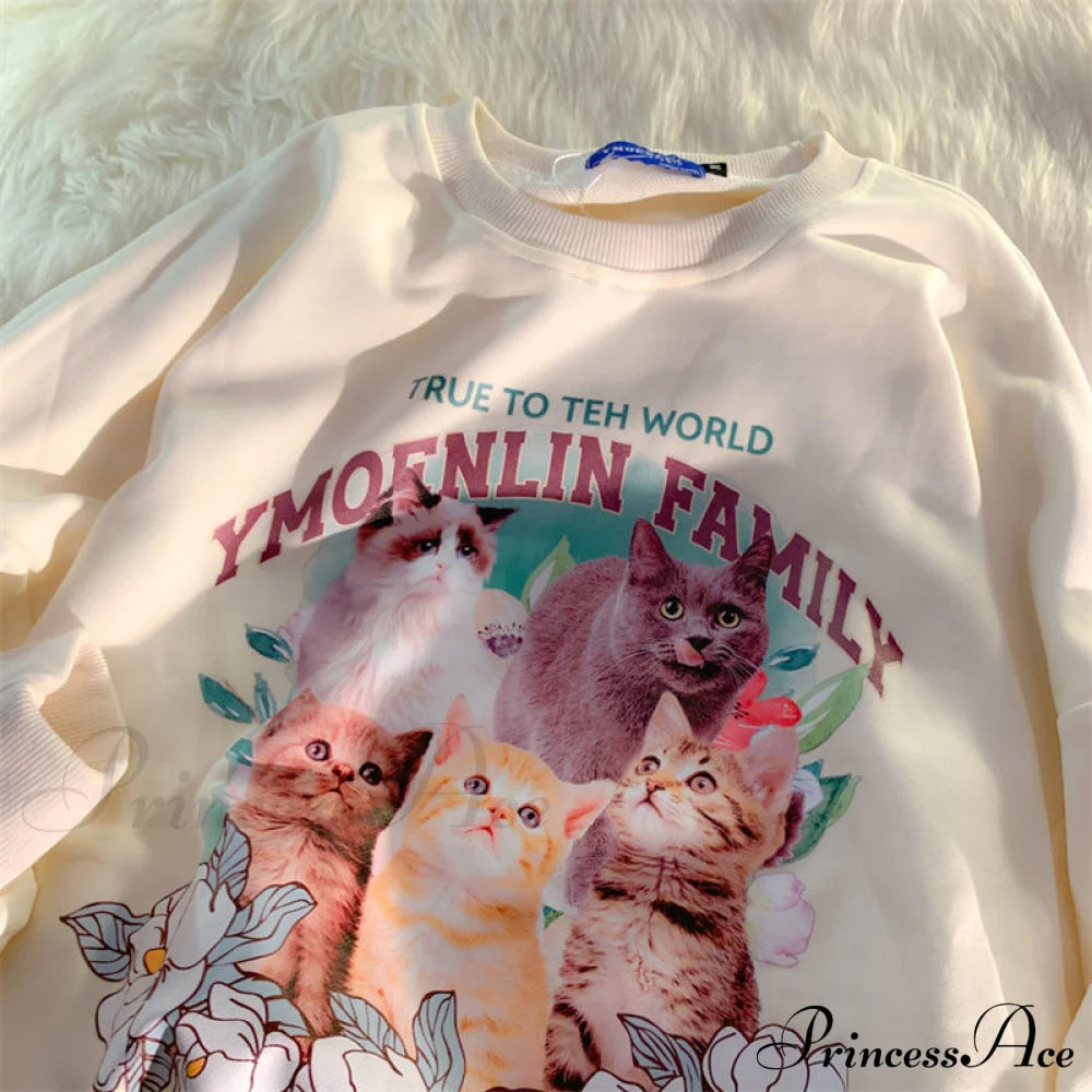 Sweet Cute Cat Print Crewneck Hoody Pullover Apricot / M