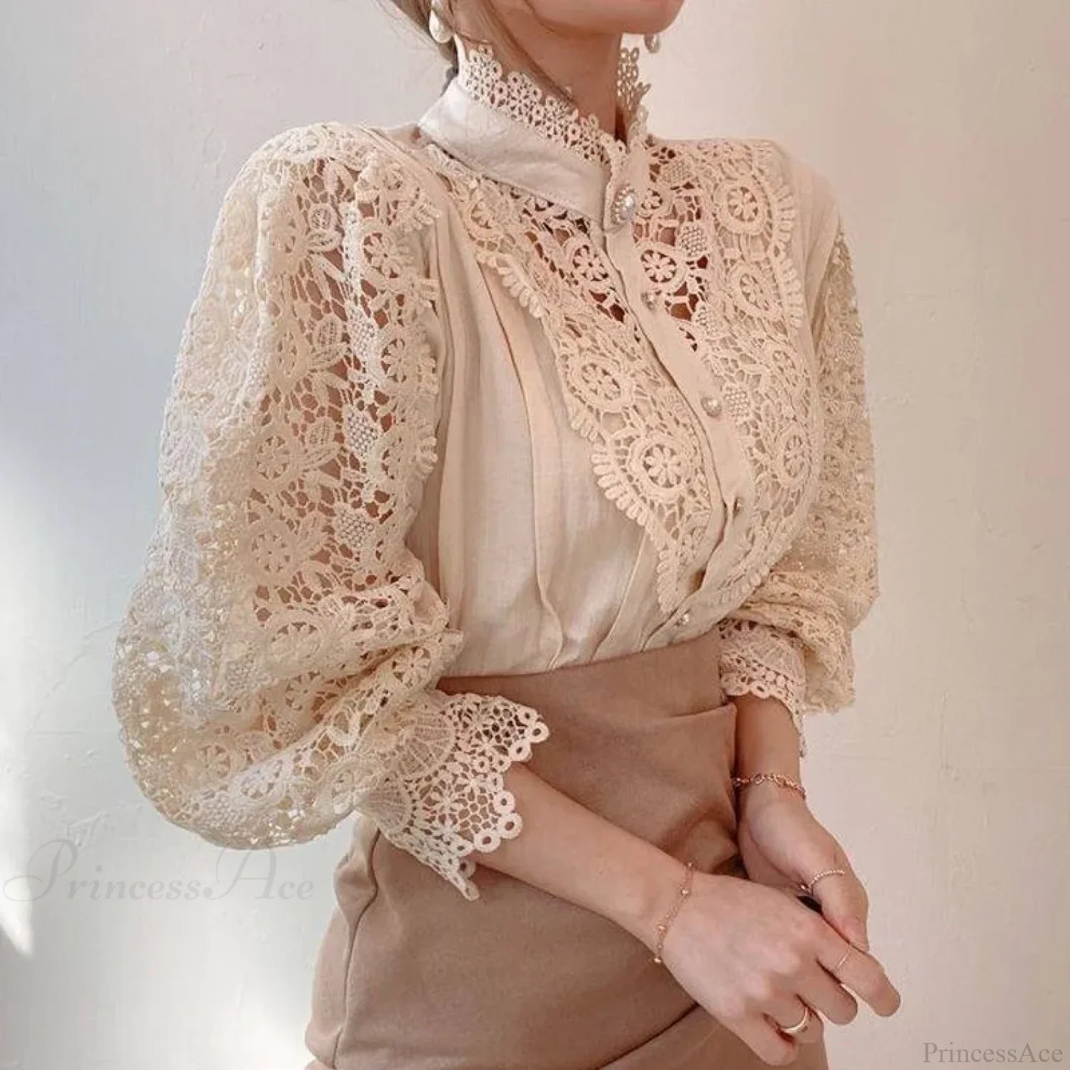 Sweet Hollow Lace Patchwork Button White Blouse blouse-250126