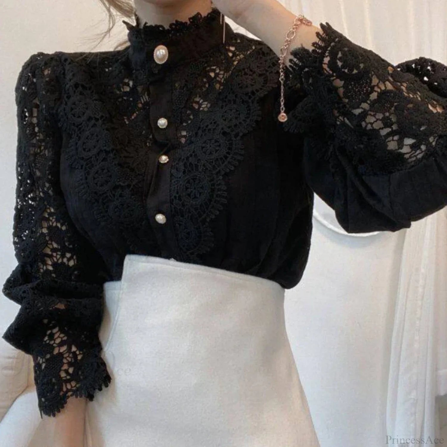 Sweet Hollow Lace Patchwork Button White Blouse Black / S blouse-250126