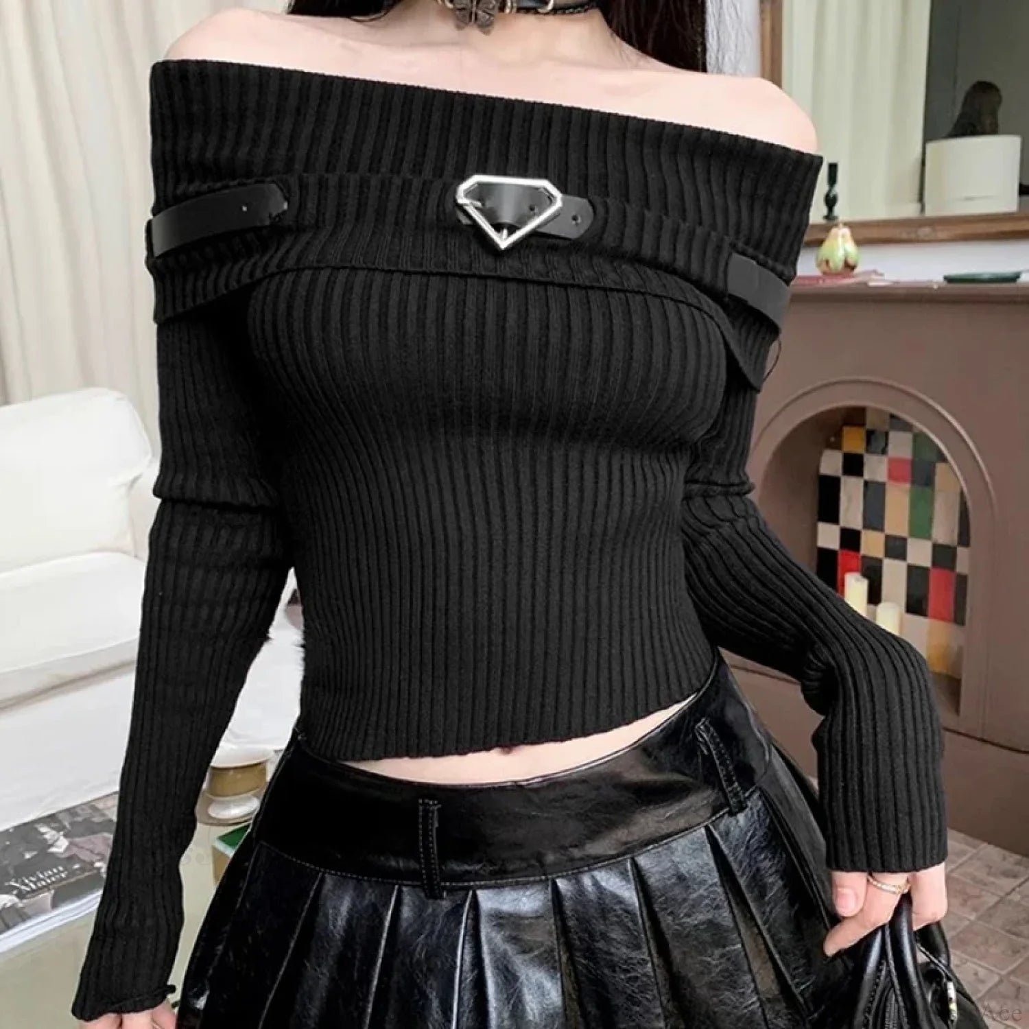 Sweet Off Shoulder Ribbed Crop Long Sleeve Slim Fit Knit Top Black / One Size knittop-250126