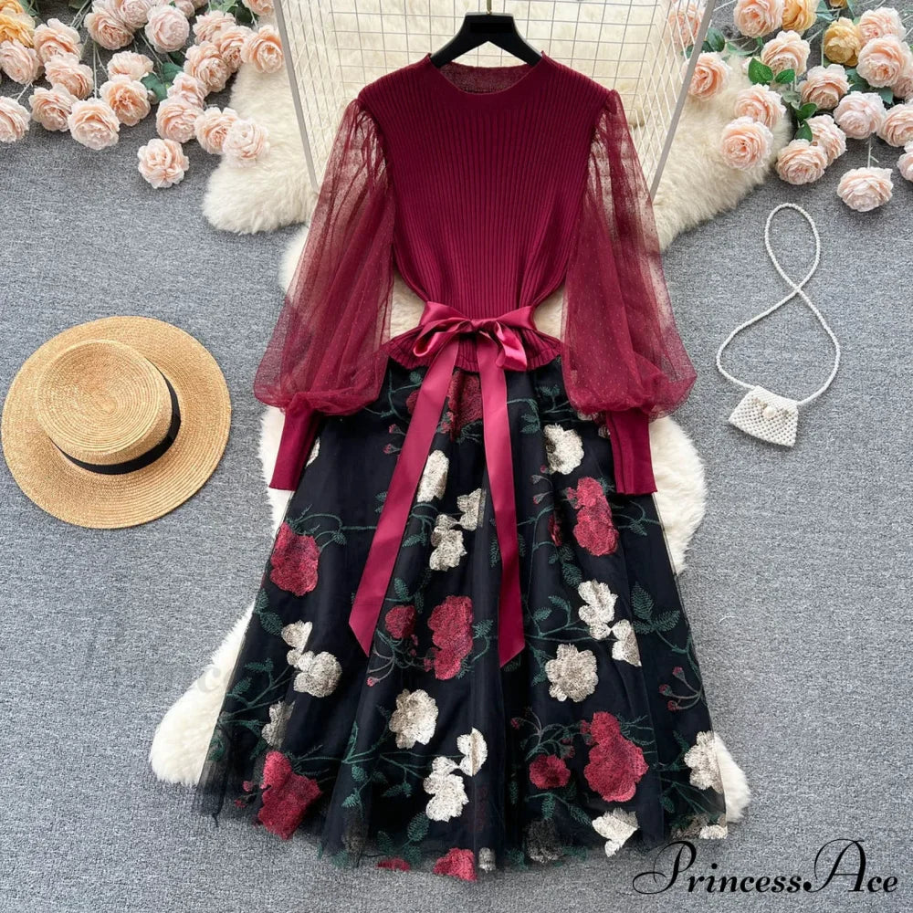 Sweet Patchwork Long Lantern Sleeves Bow Mesh Embroidery Floral High Waist A-Line Elegant Party